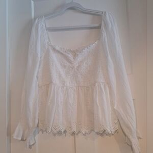 NWT Long Sleeve Smocked Babydoll Blouse (White) - American Eagle